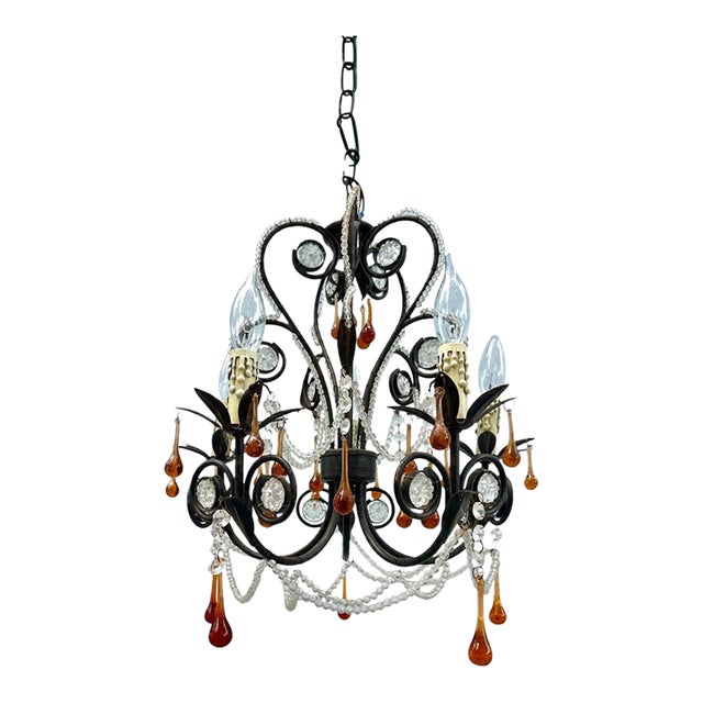 Vintage French Rococo Revival 6-Arm Wrought Iron Chandelier With Amber Glass Drops. For Sale