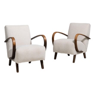 1950s Jindřich Halabala Cream Wood Pair of Club Chairs For Sale