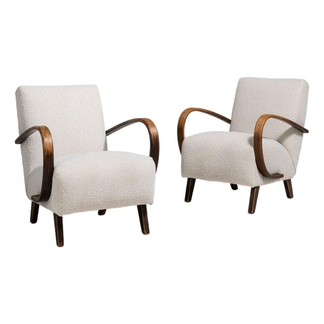 1950s Jindřich Halabala Cream Wood Pair of Club Chairs For Sale