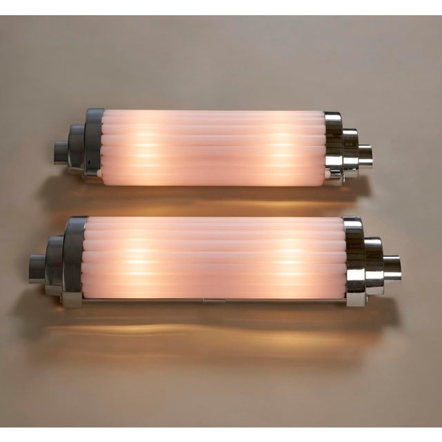 Art Deco Vintage Art Deco Light Old Lamp Wall Sconces Fixture Nickel Brass & Pink Glass Rod Ship Light - Pair For Sale - Image 3 of 4