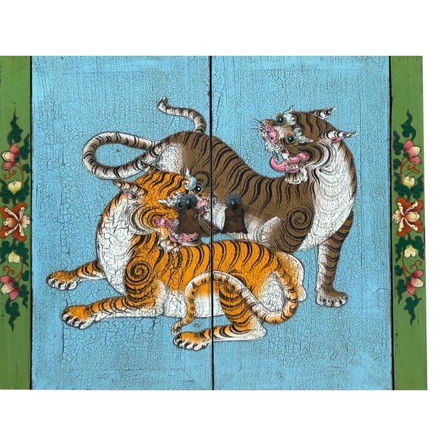 1990s Tibetan Style Lime Green Blue Two Tigers End Table Nightstand For Sale - Image 5 of 12