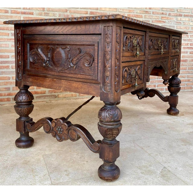 19th Century French Renaissance Hand Carved Desk or Writing Table with Carved Structure and Iron Stretcher For Sale - Image 5 of 18