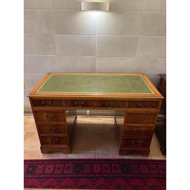 Vintage English Style Pedestal Desk with Green Leather Top For Sale - Image 4 of 5
