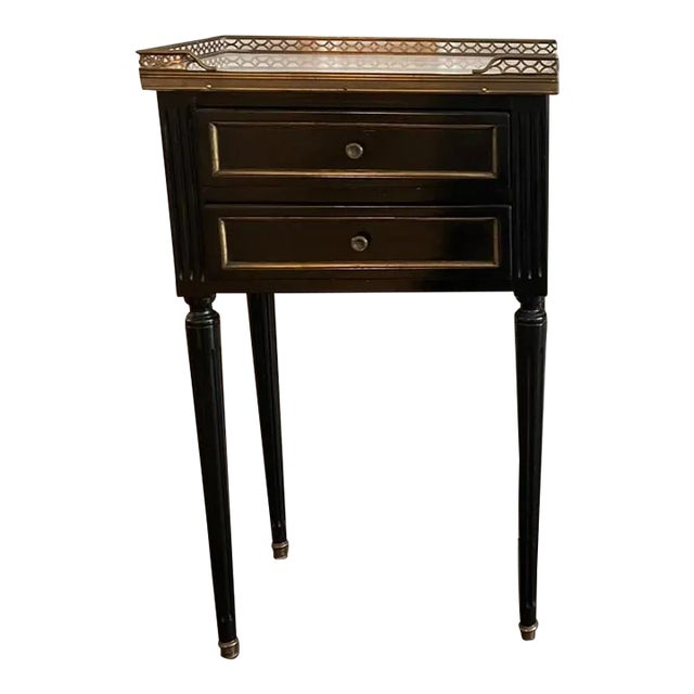 Rare, beautiful, French neoclassical nightstands in black ebony wood, white with mild gray vein marble with gilded gold....