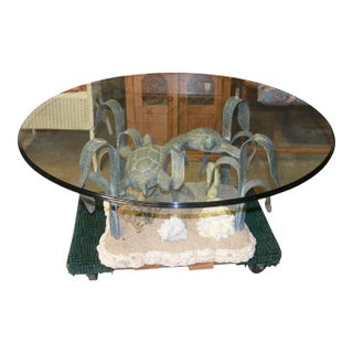 VTG Metal / 'Bronze' Aqua Patina Sea Turtles Ocean Round Glass Coffee Table For Sale