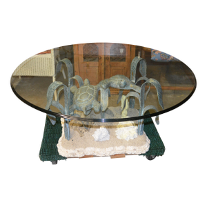 VTG Metal / 'Bronze' Aqua Patina Sea Turtles Ocean Round Glass Coffee Table