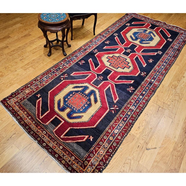 Antique Northwest Persian Runner Rug, Hand-Knotted Wool, Geometric Medallions Pattern, 4x10, Navy & Red For Sale - Image 11 of 18