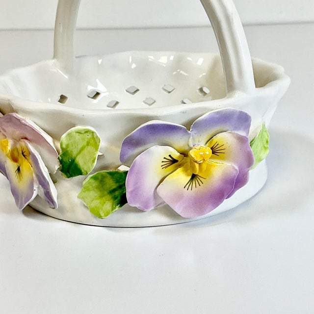 1980s Vintage Coastal Knife-Cut Ceramic Pansy Candy Dish With Handle For Sale - Image 6 of 12