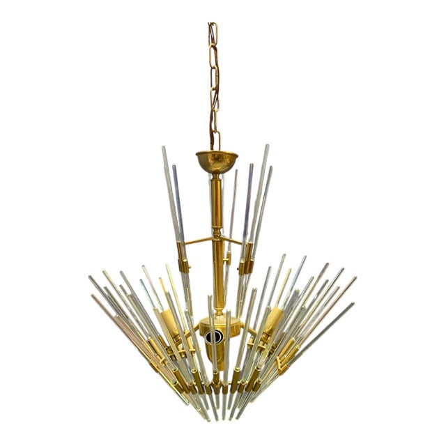 Murano Glass Rod Brass Chandelier by Gaetano Sciolari, Italy, 1970s For Sale - Image 12 of 12