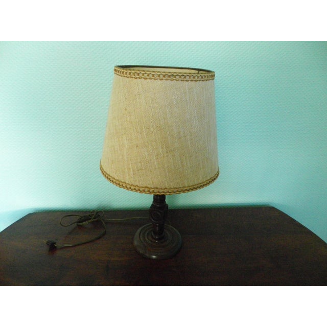 Wooden Table Lamp with Geometric Decor and Fabric Lampshade, France, 1970s For Sale - Image 16 of 18