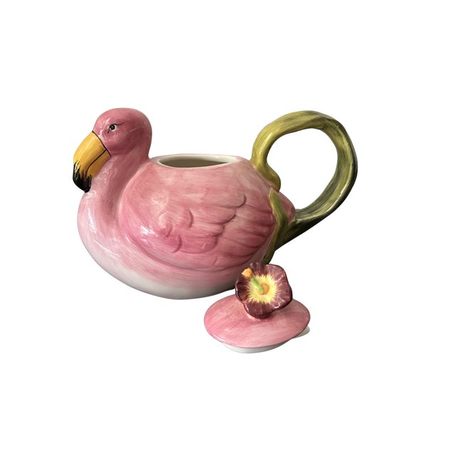 Figurative Vintage 1980s Flamingo Teapot – Trompe L’Oeil Majolica-Style Hand-Painted Ceramic Pink Flamingo Tea Pot For Sale - Image 3 of 6