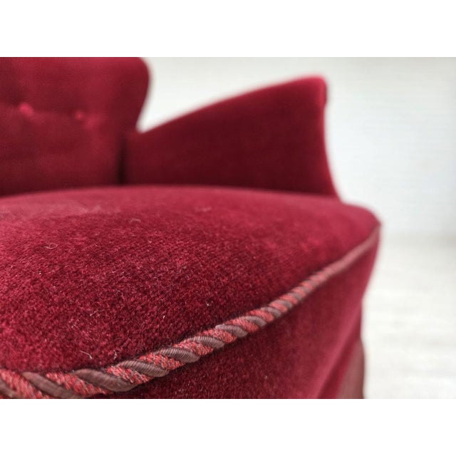 Wood Vintage Danish Lounge Chair in Cherry-Red Furniture Velour and Oak, 1960s For Sale - Image 7 of 18