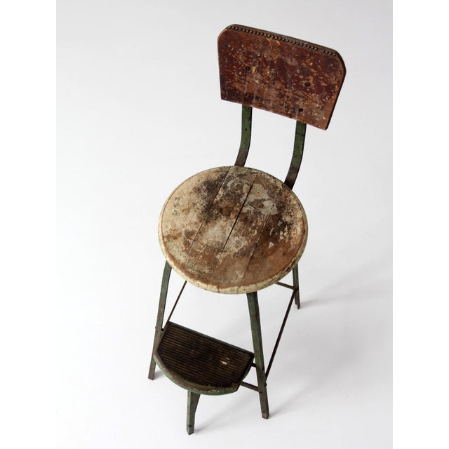 Wood Antique Industrial Drafting Chair With Step For Sale - Image 7 of 18