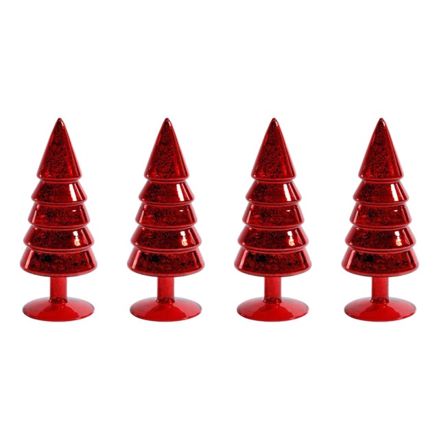 Mercury Glass Trees, Set of 4, 9" Tall, Red For Sale