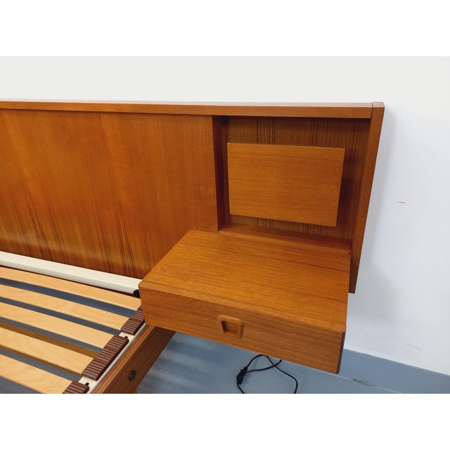 Tan Vintage Scandinavian Style Double Bed in Teak with Integrated Illuminated Bedside Tables and Slatted Base, 1960s For Sale - Image 8 of 18