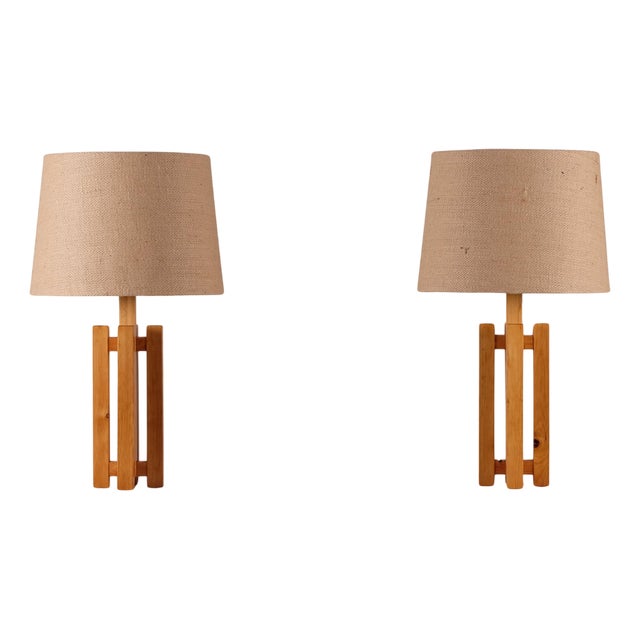 Pine Table Lamps, Sweden, 1970s, Set of 2 For Sale