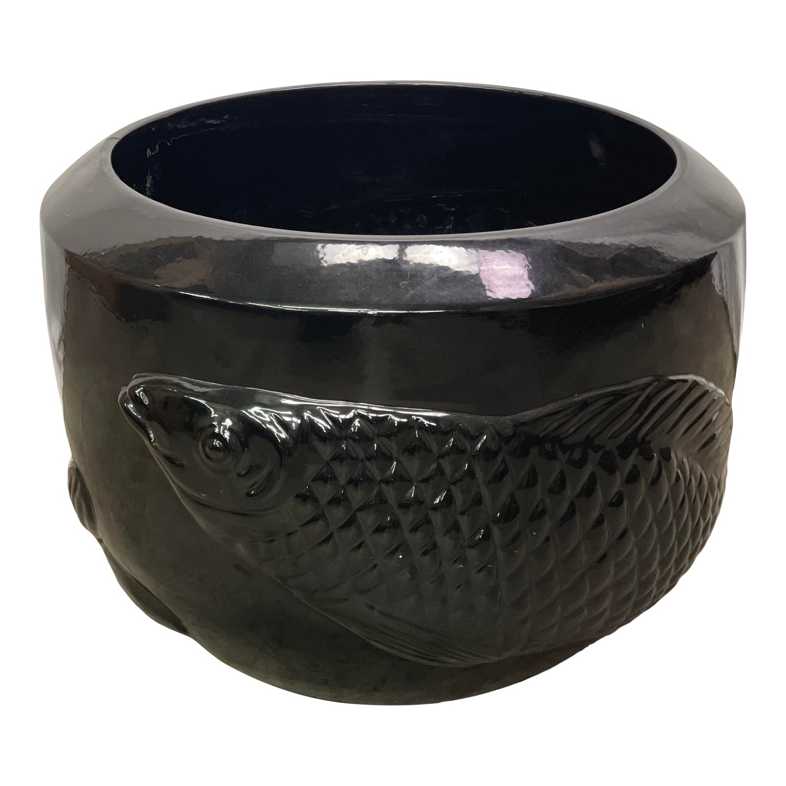 Vintage Chinoiserie Style Koi Fish Black Glazed Ceramic Fish Bowl