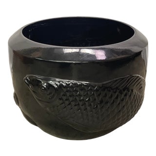 Vintage Chinoiserie Style Koi Fish Black Glazed Ceramic Fish Bowl Planter For Sale