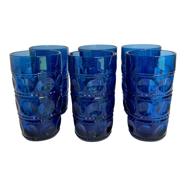 Set of 6 Crown Imperial Blue Flat Iced Tea Glasses by Tiara, Mid 20th Century For Sale