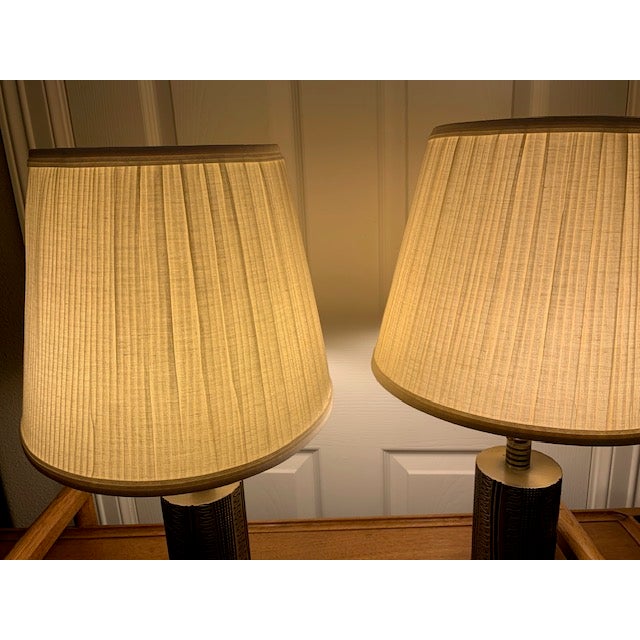 Brown Vintage Brass Brutalist Style Pair Lamps Set of 2 Original Shades For Sale - Image 8 of 18