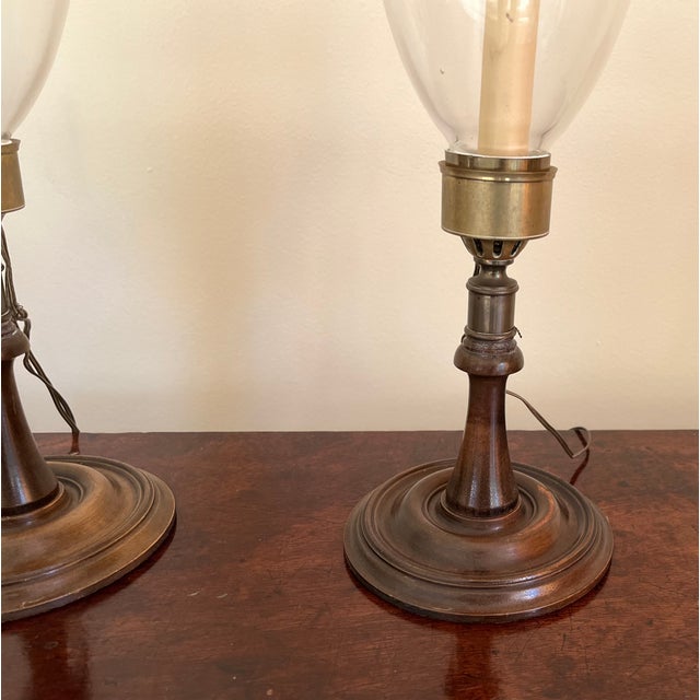 Georgian Style Mahogany & Brass Candlestick Lamps With Hurricane Shades - A Pair For Sale - Image 10 of 18
