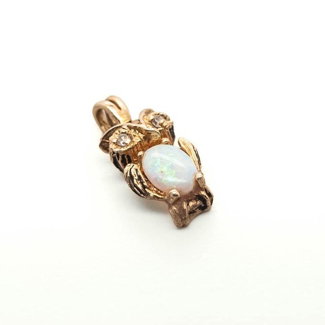 Metal Vintage 14k Yellow Gold, Opal & Diamond Figural Owl Pendant for a Necklace For Sale - Image 7 of 12