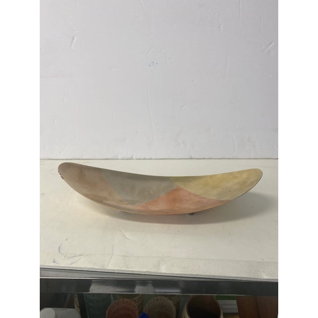 Beautiful canoe shaped bowl with copper,silver and brass design stamped Hecho en Mexico on bottom has a mcm look