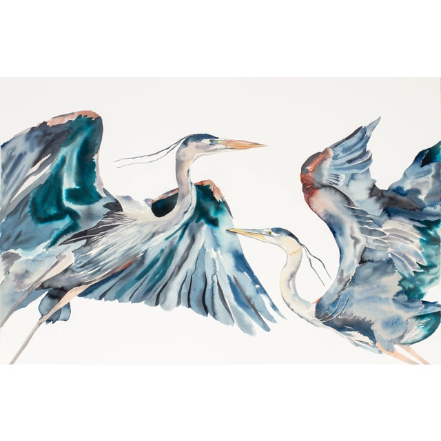 "Herons in Flight No. 2" - Original Watercolor Painting by Elizabeth Becker - Cranes or Egrets - Pair of Two Flying Birds - Wildlife Nature For Sale