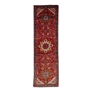 1960s Vintage Persian Heriz Handmade Red Medallion Wool Runner For Sale