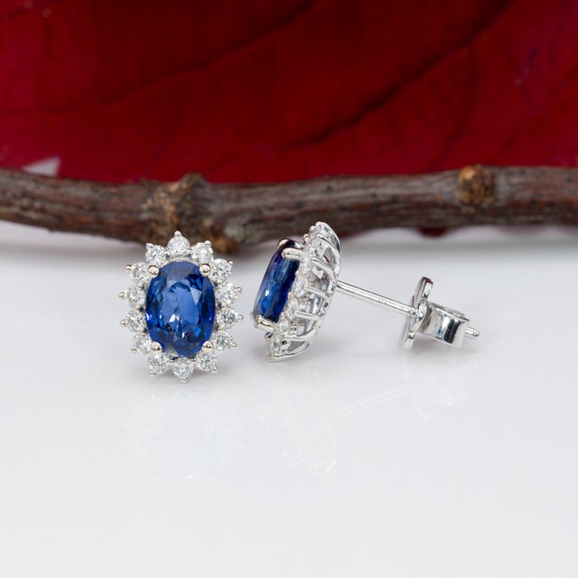 1.8Ct Ceylon Blue Sapphire Earrings With Diamond Accents: Solid 14k Gold, 7x5mm, Pair For Sale - Image 4 of 7