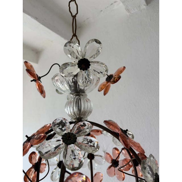 1920s French Peach Flower Ball Crystal Prisms Maison Baguès Style Chandelier For Sale - Image 4 of 11