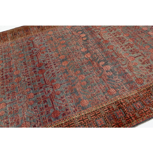 1900 - 1909 Antique Khotan Rug With Pomegranate Motif in Muted Terracotta & Slate Gray, Wool Area Rug For Sale - Image 5 of 10