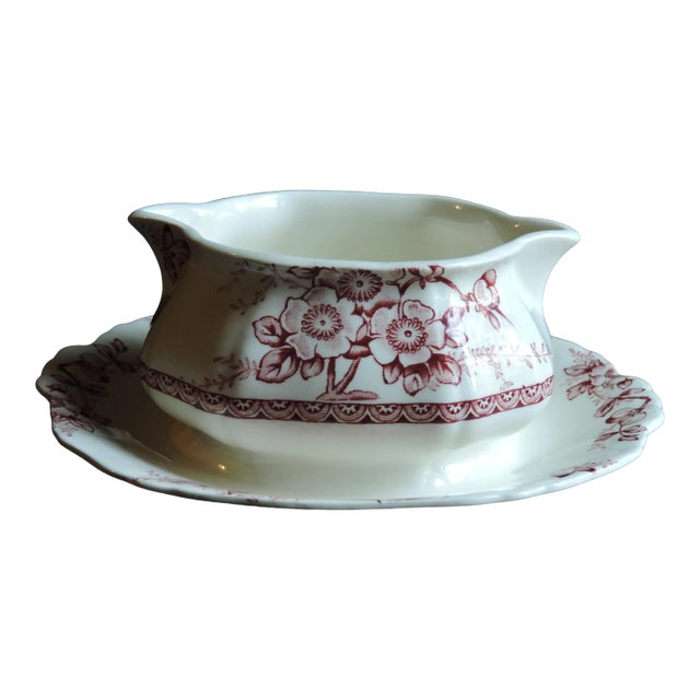 Vintage Alfred Meakin Medway Décor Red & White Sauce Boat With Attached Underplate For Sale