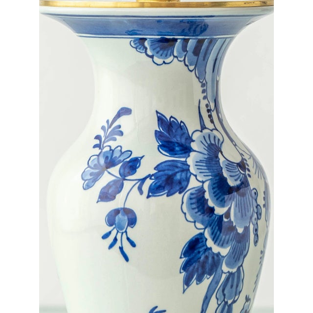 Metal Vintage Royal Delft Blue Ceramic Table Lamps with New Green Silk Lampshades, Set of 2 For Sale - Image 7 of 12