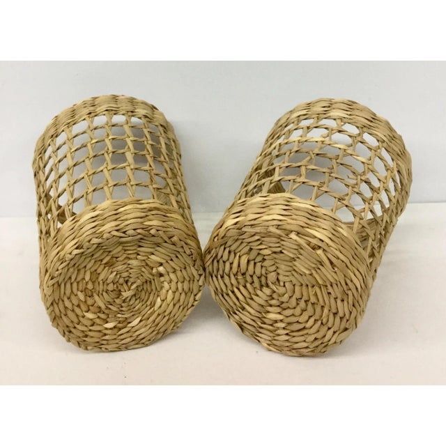 Boho Chic Vintage Rattan & Glass Holders - A Pair For Sale - Image 3 of 11