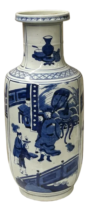 Oriental Blue White People House Gathering Graphic Porcelain Art Vase