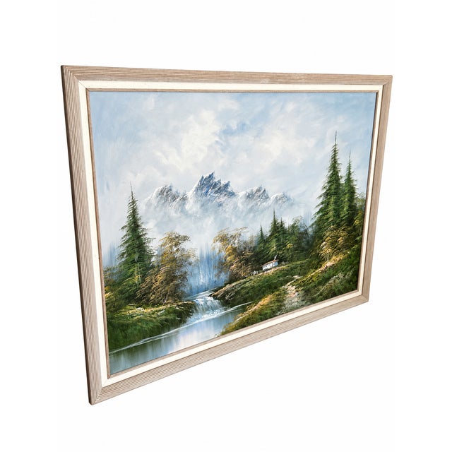 Late 20th Century Signed Mountain, Cabin and Waterfall Landscape Painting on Canvas in Ribbed Frame For Sale - Image 5 of 10
