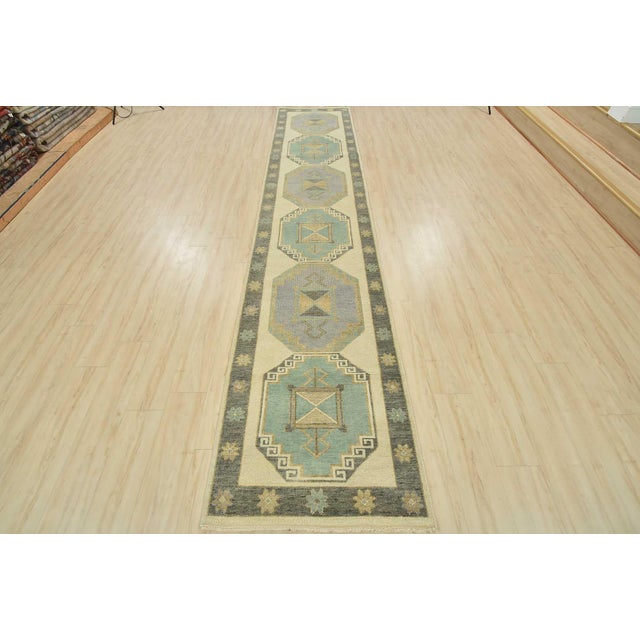 Tribal Anatolia Runner 3′ X 14’3” Ivory Wool Tribal Hand-Knotted Oriental Rug For Sale - Image 3 of 12