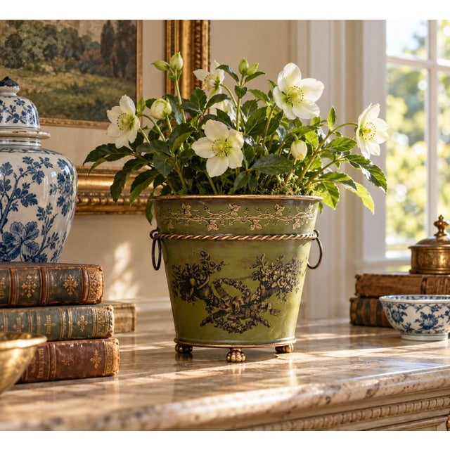 A wonderfully charming early 20th century French tole cachepot finished in an olive green with delicate gilt...