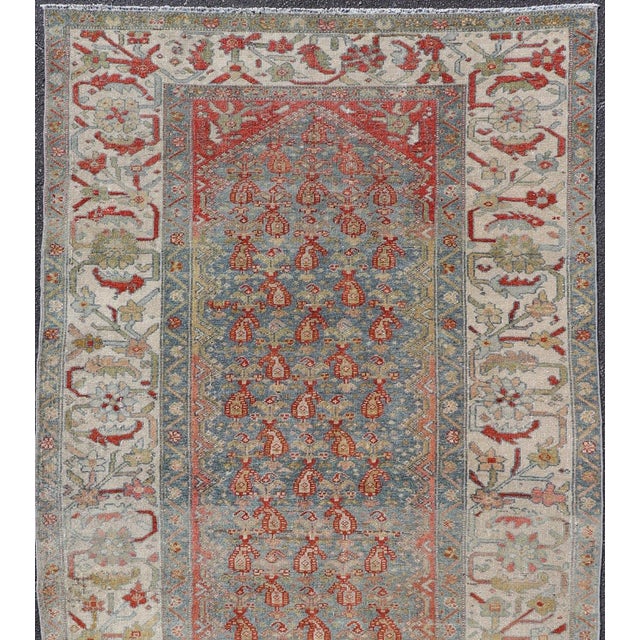 Early 20th Century Antique Persian Malayer Gallery Rug With Blue Field and Red Boteh Design For Sale - Image 5 of 15