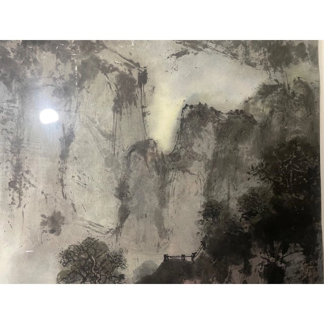 Large Vintage 1992 Original Chinese Ink Watercolor Mountain Landscape Painting For Sale - Image 12 of 17