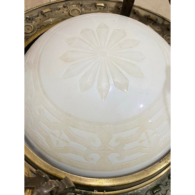 Antique Art Nouveau Patinated Brass & Opal Glass 5-Light Chandelier For Sale - Image 10 of 12