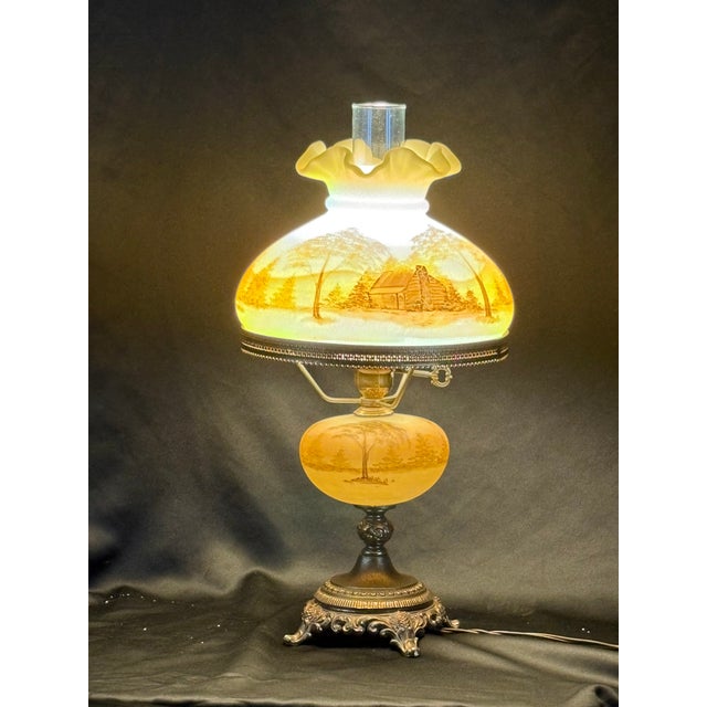 This is a beautiful vintage Fenton lamp! It is an elegant Gone-with-the-Wind style hurricane lamp with all of the original...