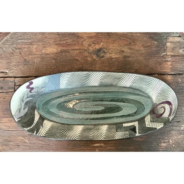 Dark Green Vintage Geometric Patterned Pottery Tray For Sale - Image 8 of 12