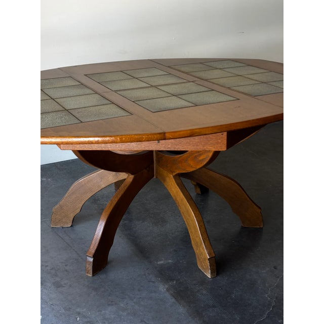 Brown Curved Hexagon Oak & Tile Dining Table Germany 1960s For Sale - Image 8 of 9