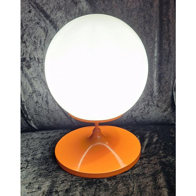 Space Age Table Lamp with Orange Metal Base and Round White Glass Shade, 1970s For Sale - Image 3 of 8