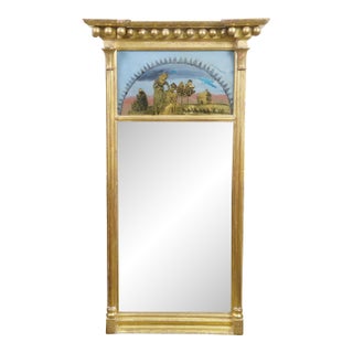 Antique Federal Regency Giltwood Trumeau Eglomise Reverse Painted Pier Mirror For Sale