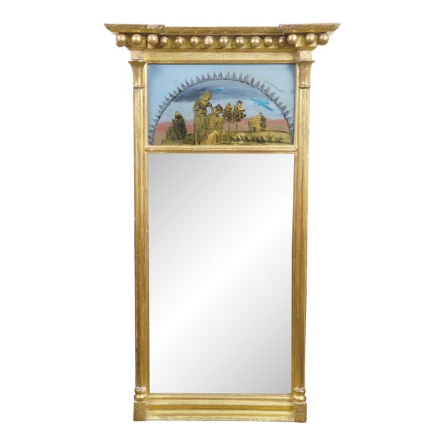 Antique Federal Regency Giltwood Trumeau Eglomise Reverse Painted Pier Mirror For Sale