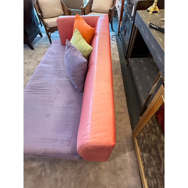 Animal Skin Lavender Micro-Suede + Rose Pink Leather Chaise Sofa For Sale - Image 7 of 12