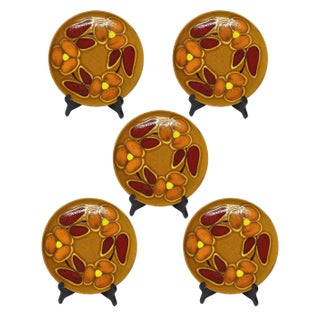Vintage French Barbotine Orange and Red Dinner Plates from St Clément, 1950s, Set of 5 For Sale
